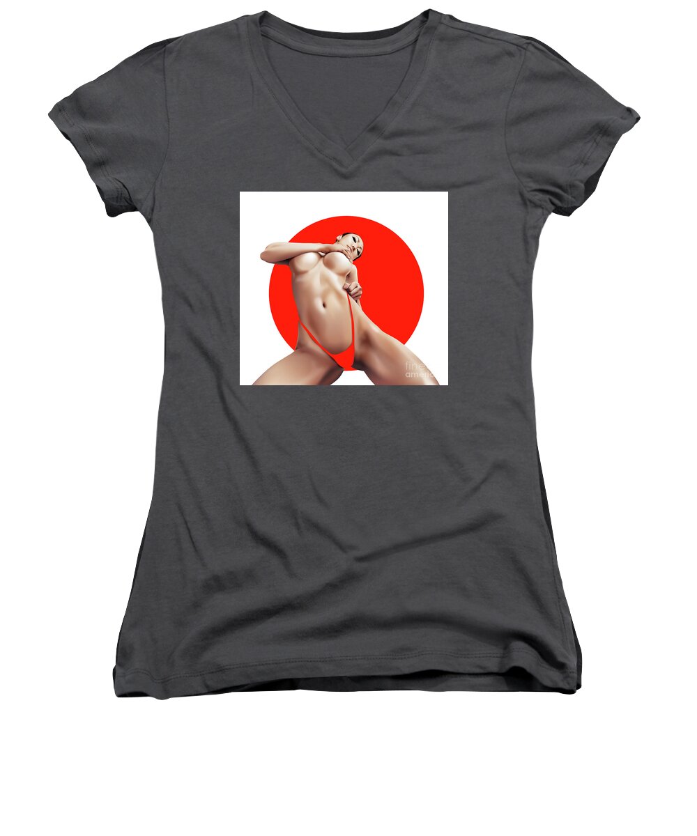 Pin-up Women's V-Neck featuring the digital art Pin-up Red by Brian Gibbs