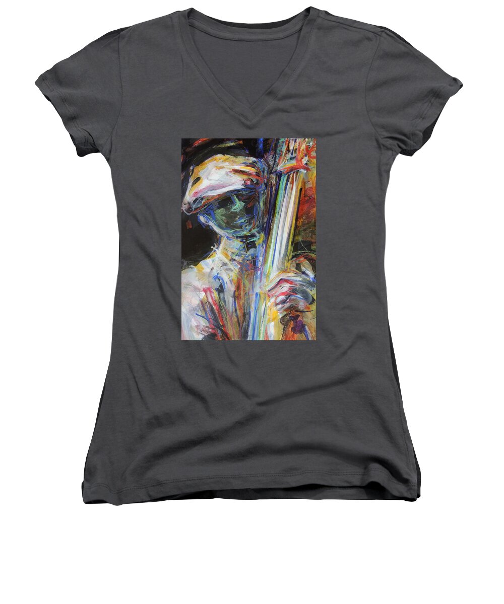 Schiros Women's V-Neck featuring the painting Jazz Man by Mary Schiros