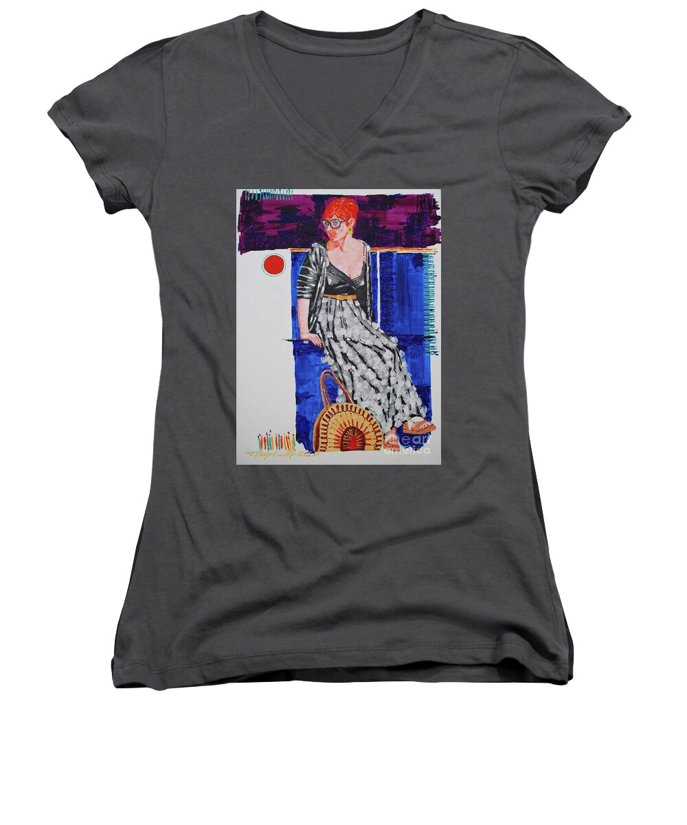 Realistic Women's V-Neck featuring the painting Jazz On The Square by Art Mantia