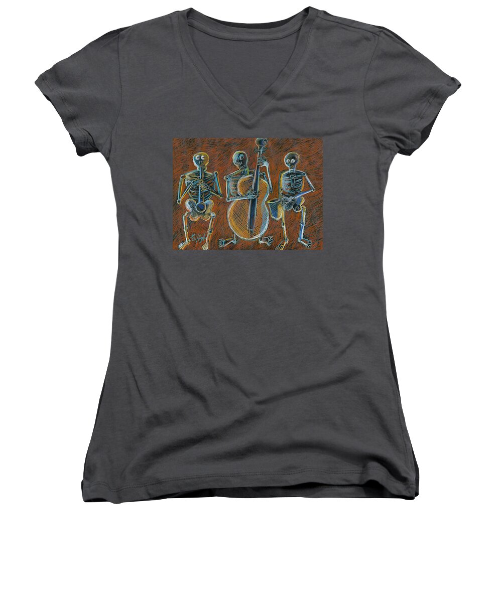 Jazz Trio Women's V-Neck featuring the drawing Jazz Time with the Bonz Band by Gerry High