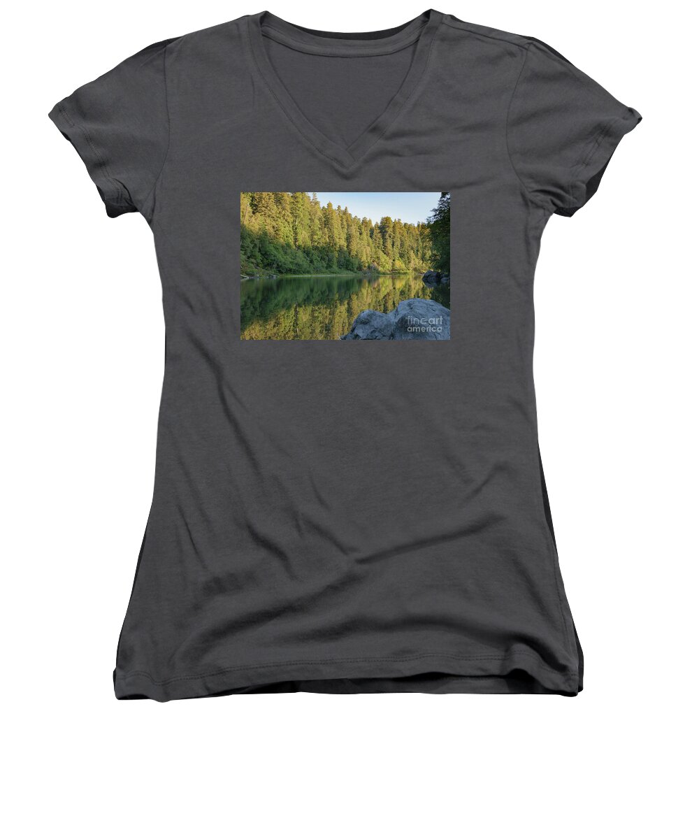 River Women's V-Neck featuring the photograph Jedediah Smith River Late Summer by Jeff Hubbard