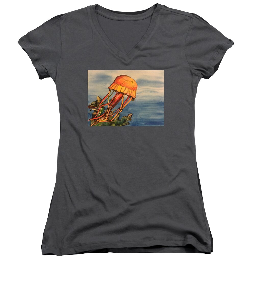 Jellyfish Women's V-Neck featuring the painting Jellyfish by Mastiff Studios