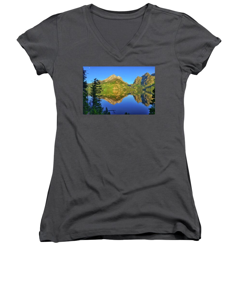 Jenny Lake Women's V-Neck featuring the photograph Jenny Lake Morning Reflections by Greg Norrell