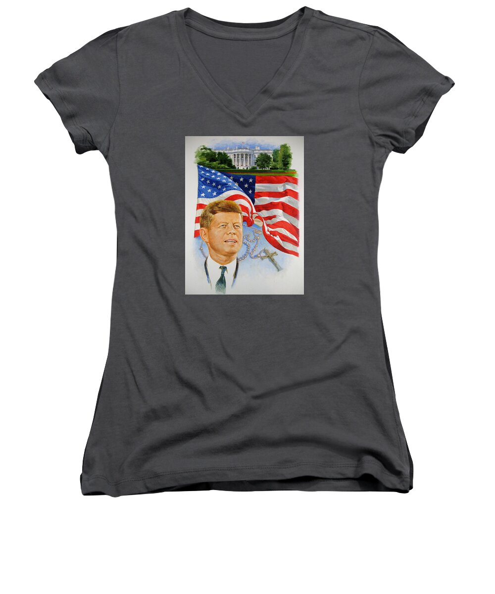 Portrait Women's V-Neck featuring the painting John Kennedy Catholic by Cliff Spohn