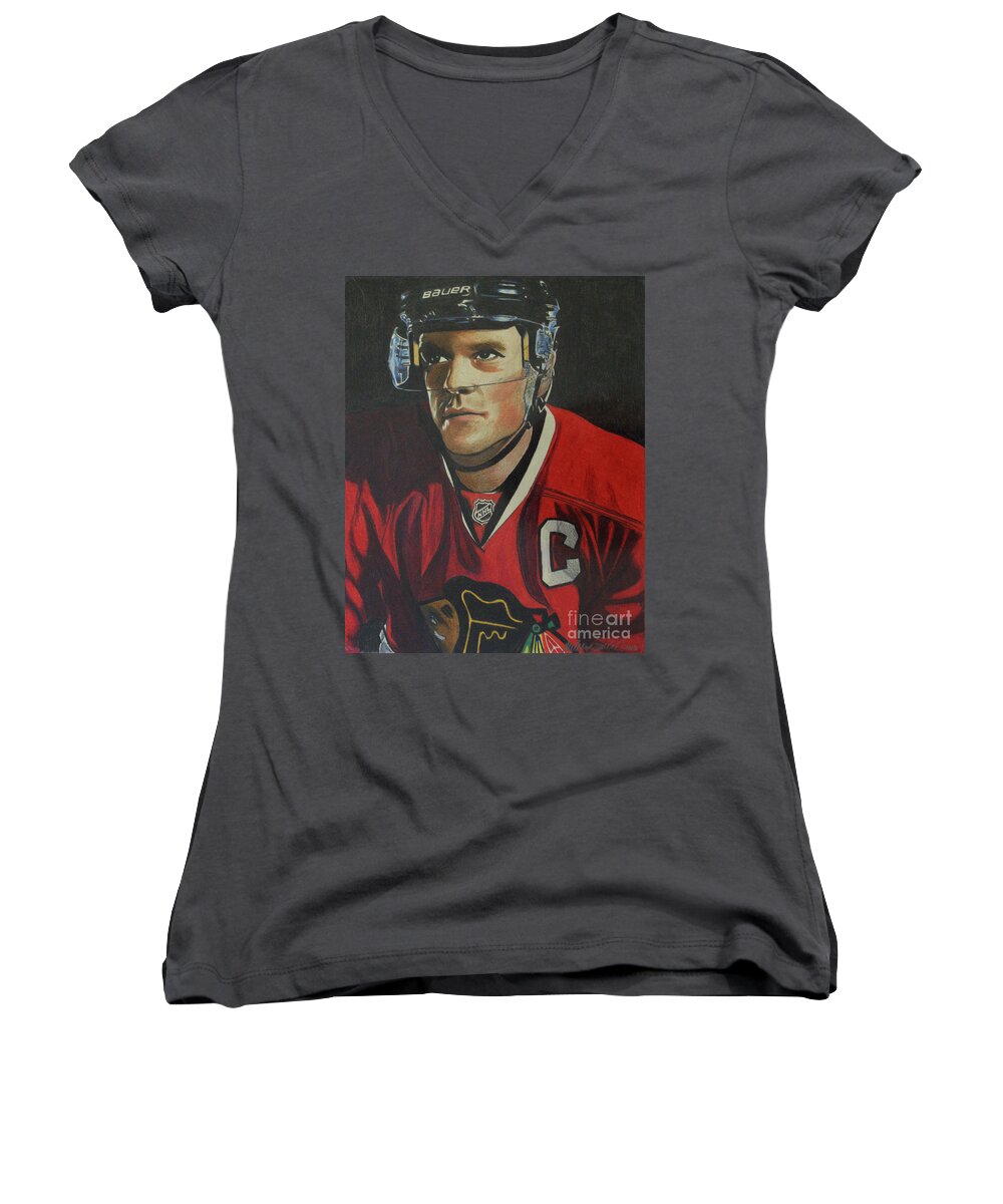 Prismacolor Women's V-Neck featuring the drawing Jonathan Toews Portrait by Melissa Jacobsen