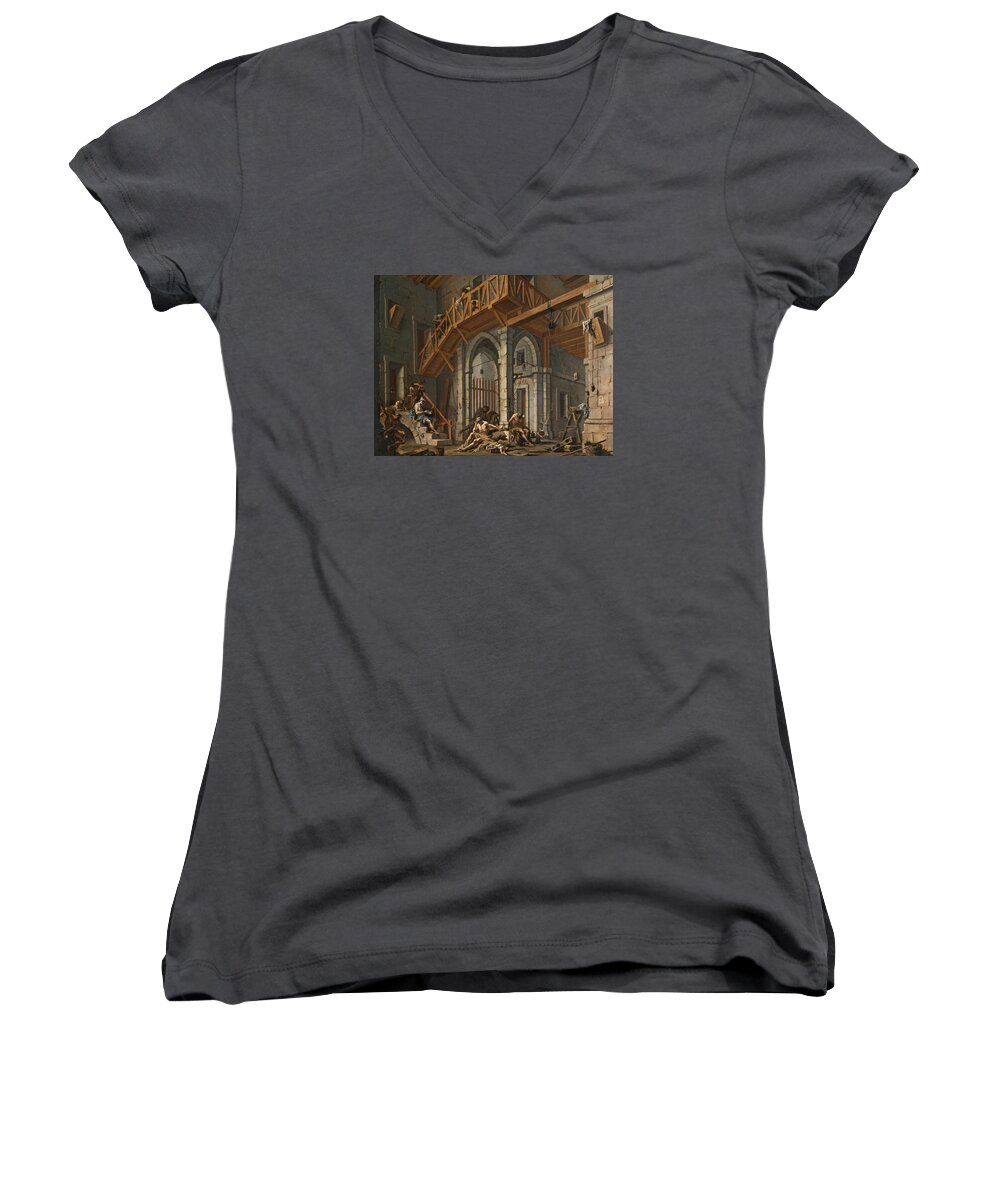 Alessandro Magnasco Women's V-Neck featuring the painting Joseph interprets the Dreams of the Pharaoh's Servants whilts in Jail by Alessandro Magnasco
