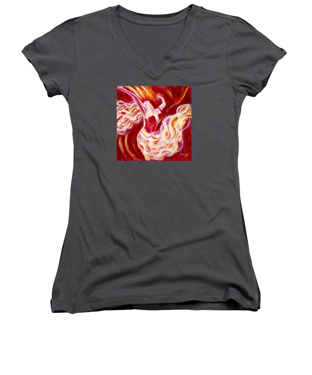 Red Dancer Women's V-Neck featuring the painting Jubilation by Anya Heller