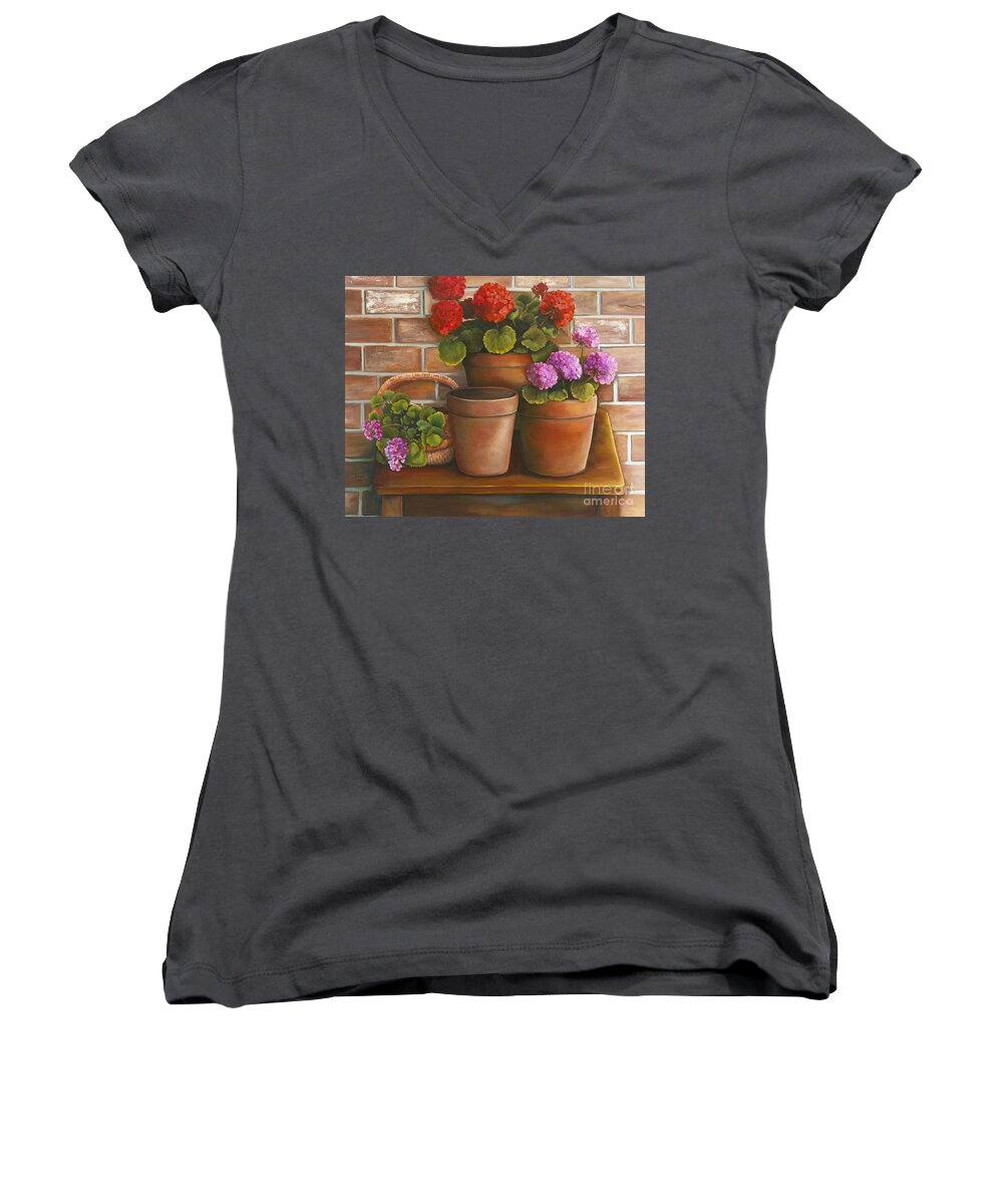 Still Life Women's V-Neck featuring the painting Just Geraniums by Marlene Book