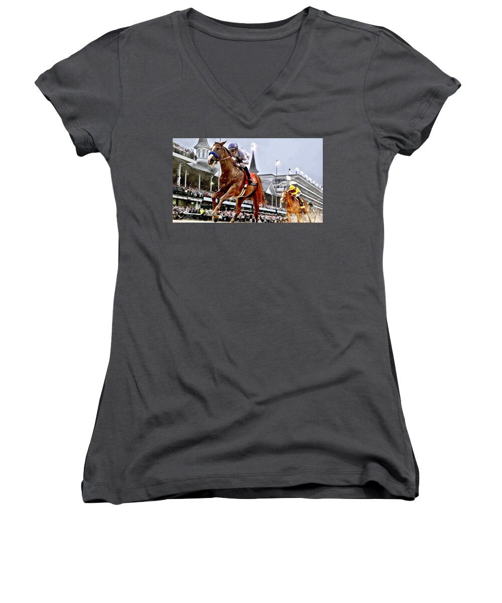Justify Women's V-Neck featuring the digital art Justify Wins Kentucky Derby by CAC Graphics