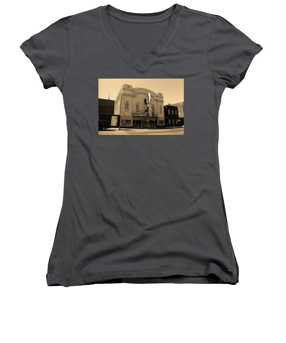 18th Women's V-Neck featuring the photograph Kansas City - Gem Theater Sepia by Frank Romeo