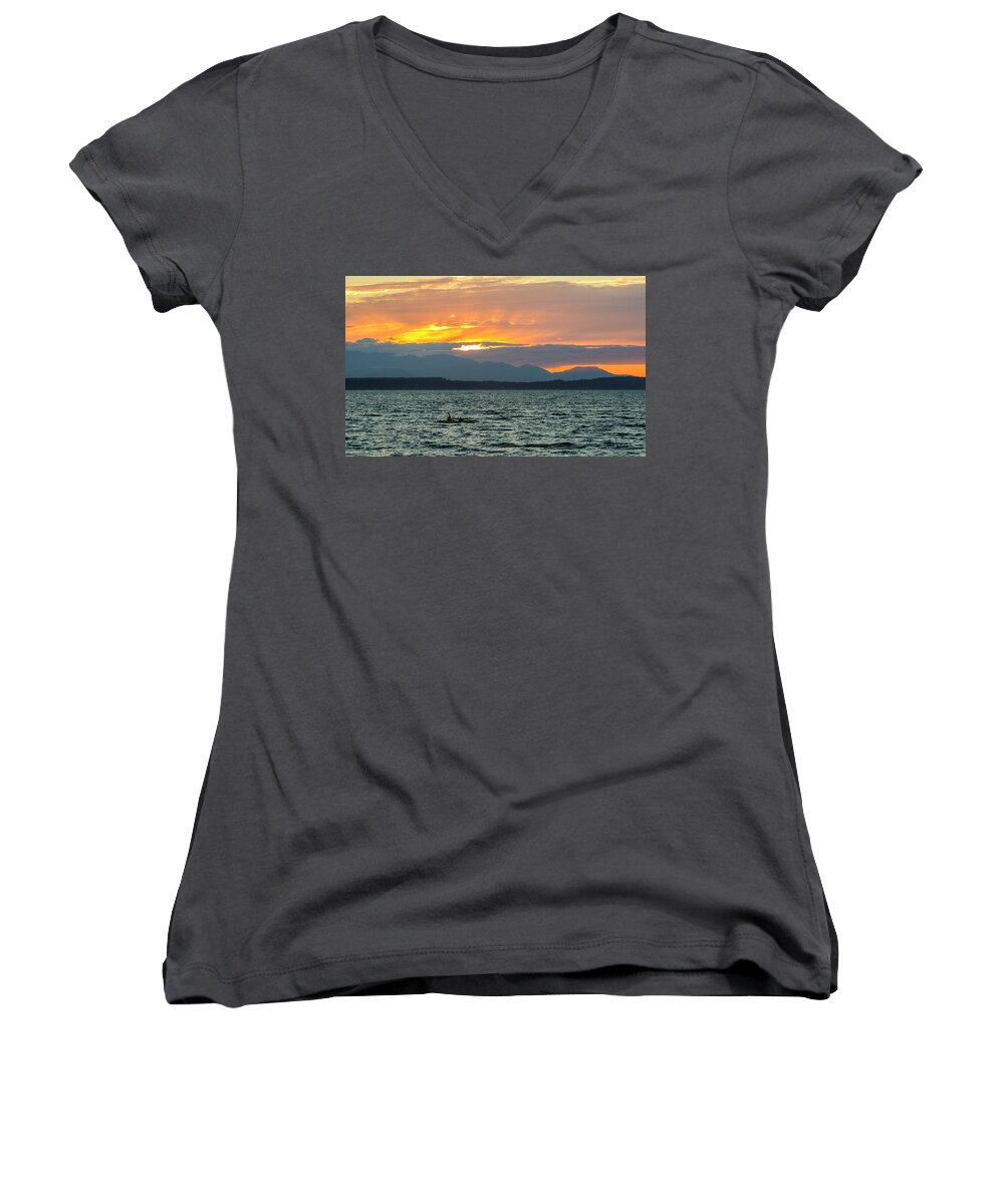Sunset Women's V-Neck featuring the digital art Kayaking in the Puget Sound by Michael Lee