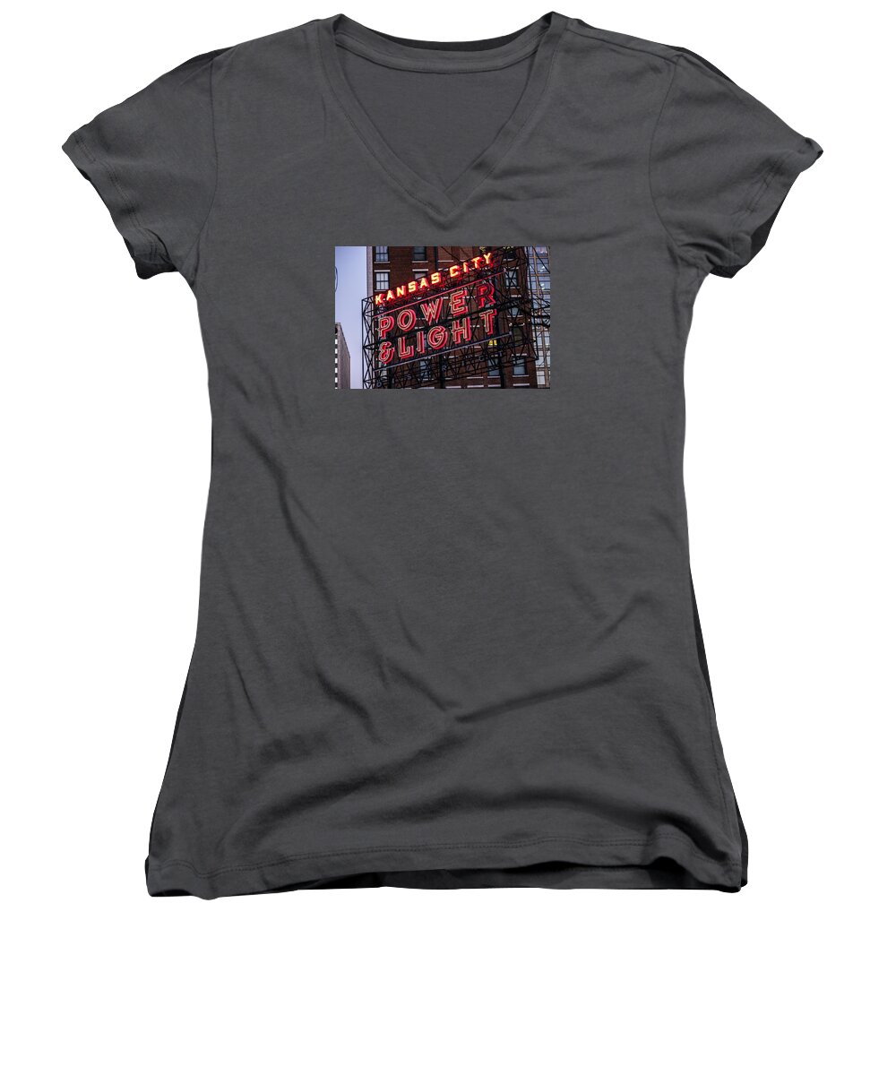 Kansas City Women's V-Neck featuring the photograph KC Power and Light by Jim Mathis