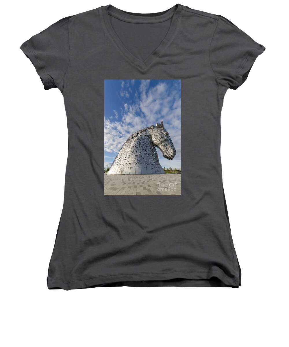 Kelpies Women's V-Neck featuring the photograph Kelpies 1 by Steev Stamford