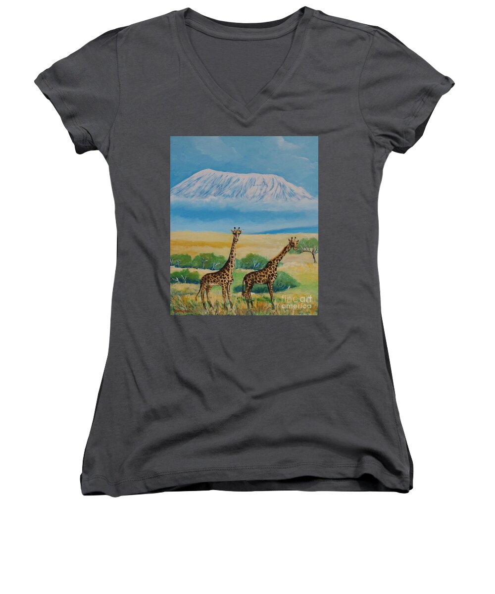Mountain With Snow Women's V-Neck featuring the painting Kilimandjaro by Jean Pierre Bergoeing