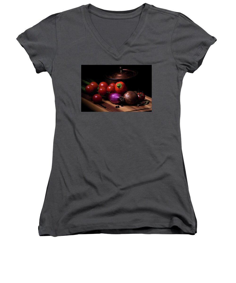 Vegetable Women's V-Neck featuring the photograph Kitchen 2 by Christine Sponchia