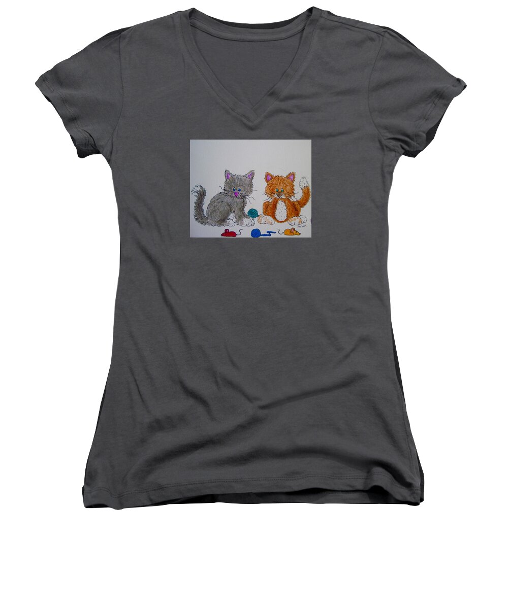 Cats Women's V-Neck featuring the drawing Kitt and Katt by Megan Walsh