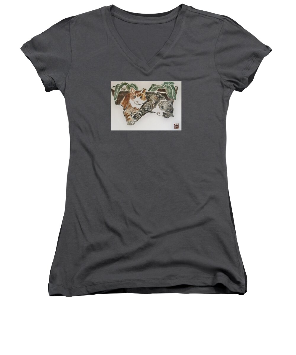 Animals Women's V-Neck featuring the painting Kittens by Thomas Tribby