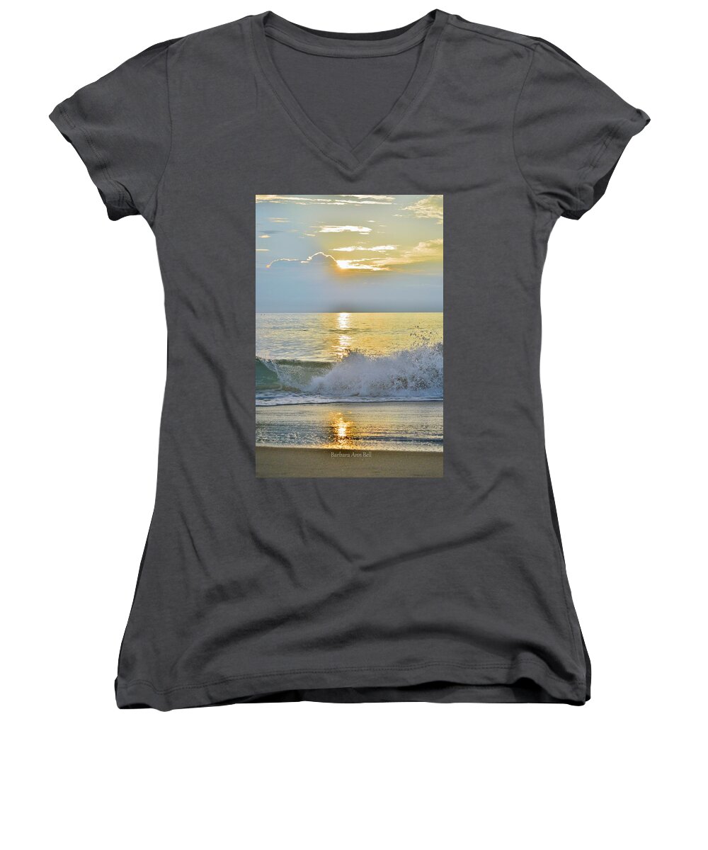 Obx Sunrise Women's V-Neck featuring the photograph Kitty Hawk Sunrise 8/20 by Barbara Ann Bell