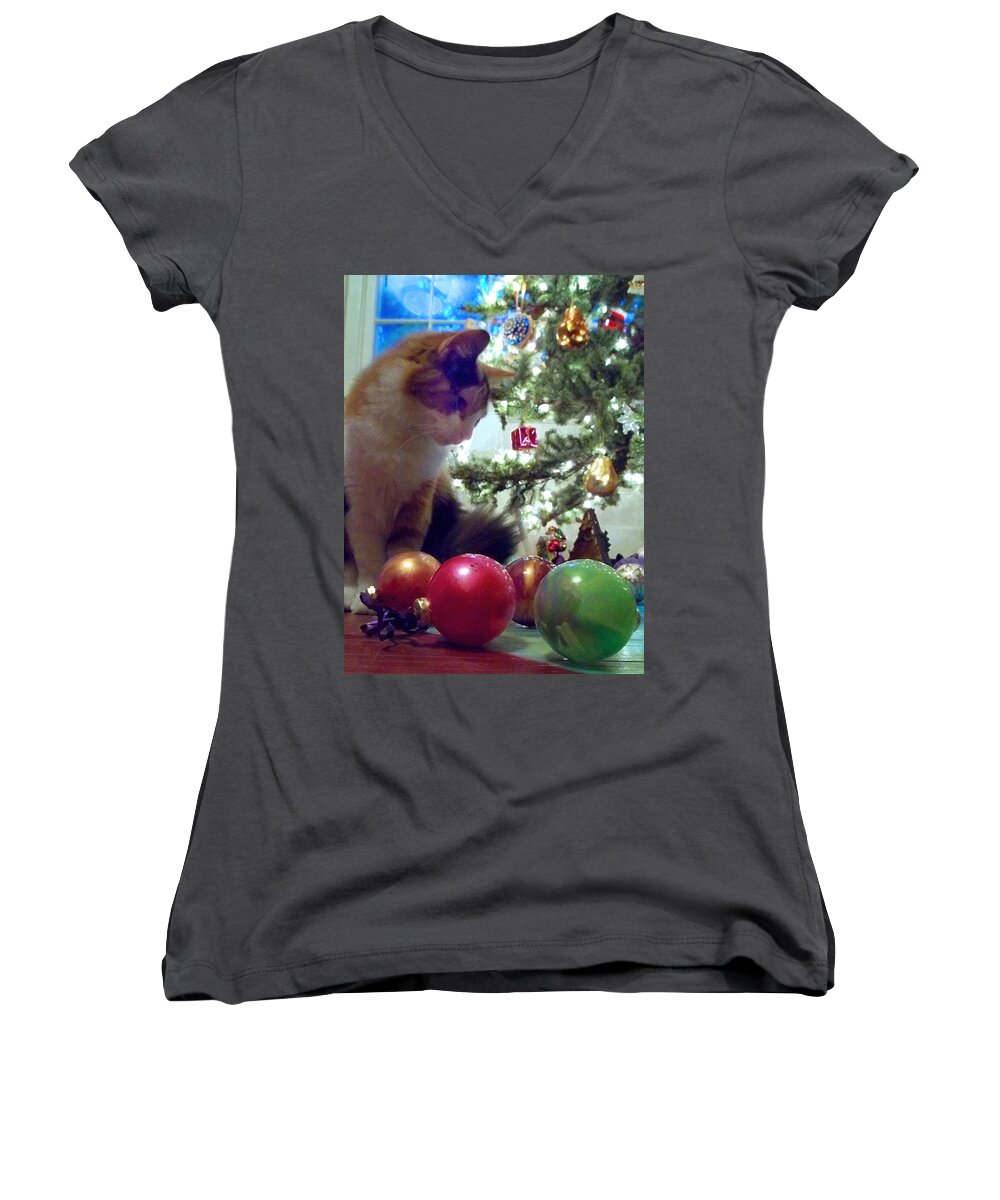 Chirstmas Women's V-Neck featuring the painting Kitty helps Decorate the Tree Christmas Card by Anne Cameron Cutri