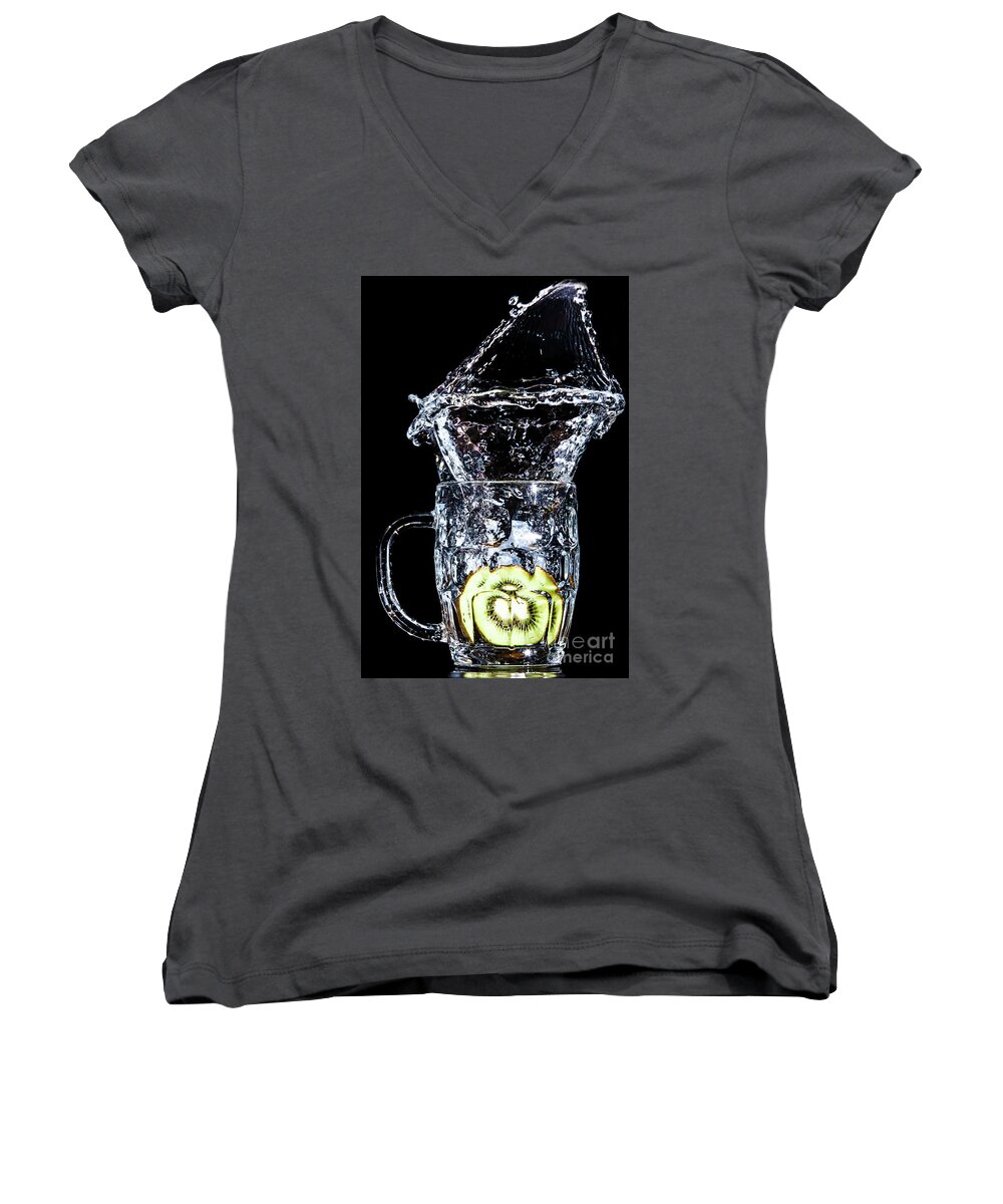 Artistic Women's V-Neck featuring the photograph Kiwi Spash by Ray Shiu