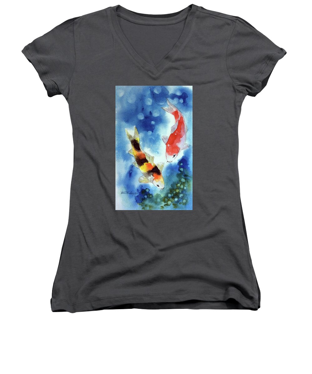 Koi Fish Women's V-Neck featuring the painting Koi Fish 4 by Hilda Vandergriff