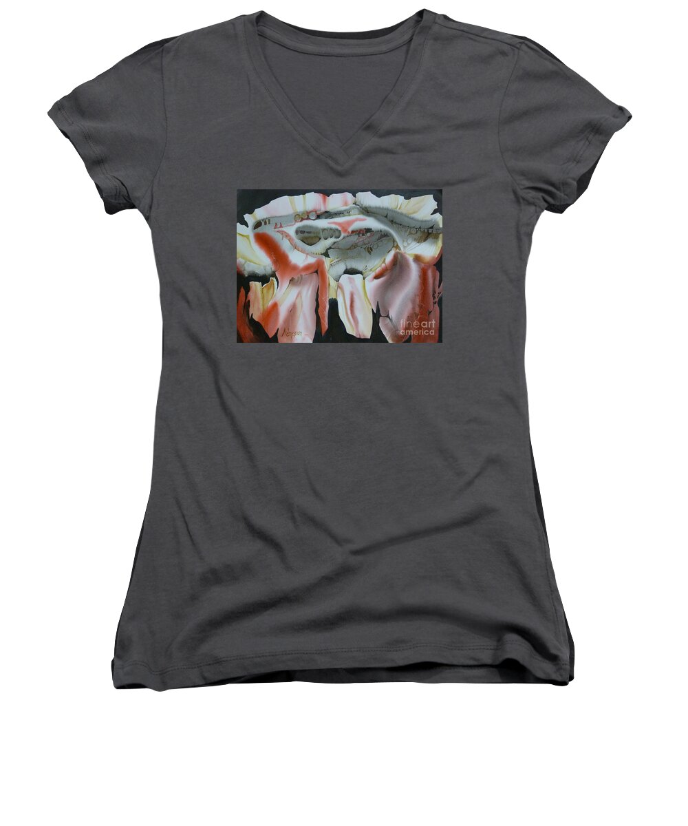 Watercolour Women's V-Neck featuring the painting Kommodo #1 by Donna Acheson-Juillet