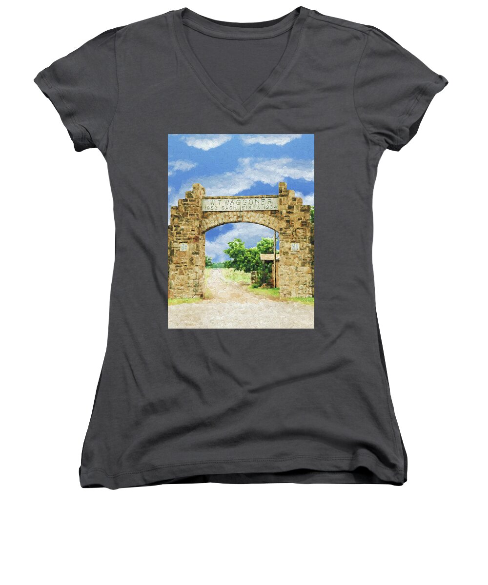Texas Women's V-Neck featuring the painting La Puerta Principal - Main Gate, Nbr 1H by Will Barger