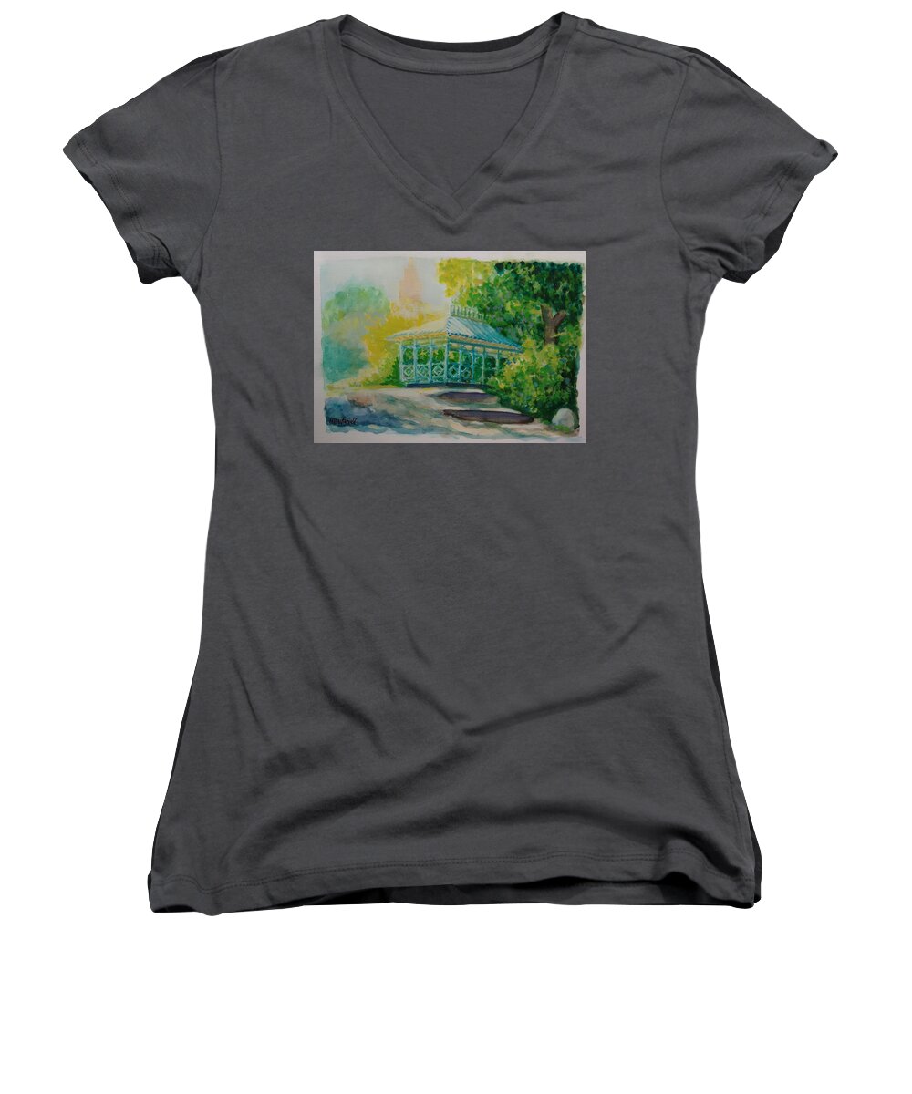 Cityscape Women's V-Neck featuring the painting Ladies Pavilion, CPNYC by Nicolas Bouteneff