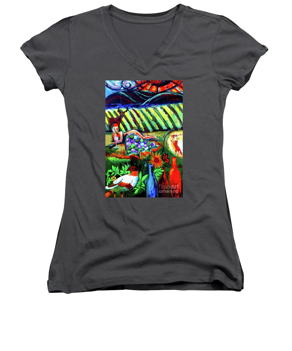 Wine Women's V-Neck featuring the painting Lady And The Grapes by Genevieve Esson