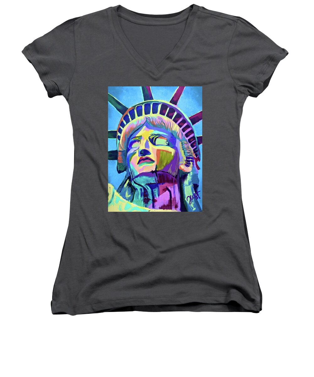 Statue Of Liberty Women's V-Neck featuring the painting Lady Liberty by Janice Westfall