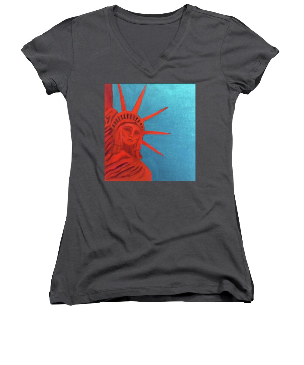 America Women's V-Neck featuring the painting Lady Liberty by Margaret Harmon