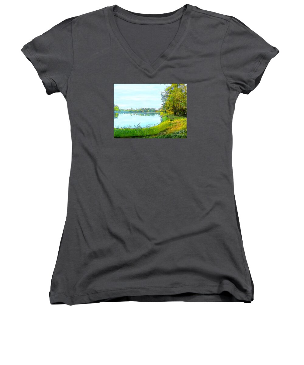 Lake Woods Tree Trees Forest Sky Plant Plants Craig Walters Photo Photograph A An The Art Artist Artistic Artists Women's V-Neck featuring the digital art Lake and Woods by Craig Walters