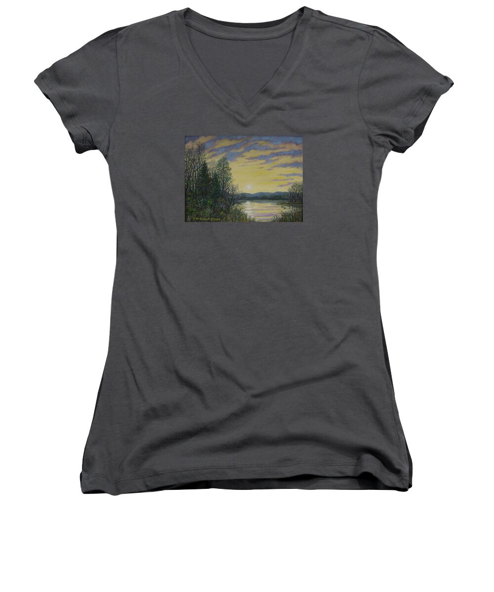 Sunrise Women's V-Neck featuring the painting Lake Dawn by Kathleen McDermott