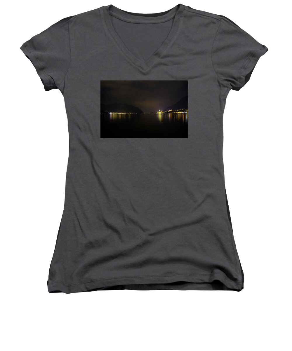 Night Women's V-Neck featuring the photograph Lake front at night, malcesine, lake garda by Nicola Aristolao