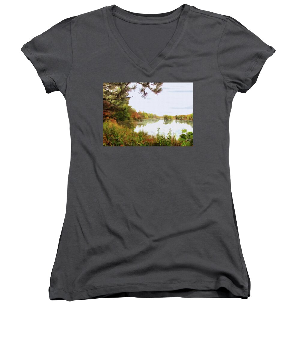 Cedric Hampton Women's V-Neck featuring the photograph Lake Katherine In October by Cedric Hampton
