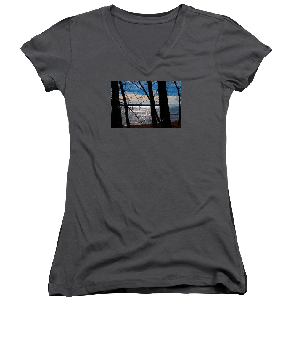 Sandy Women's V-Neck featuring the photograph Lake Romance by Valentino Visentini