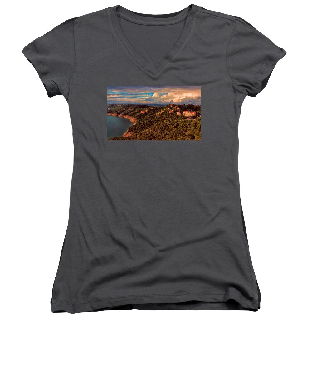 Austin Women's V-Neck featuring the photograph Lake Travis Sunset by Judy Vincent