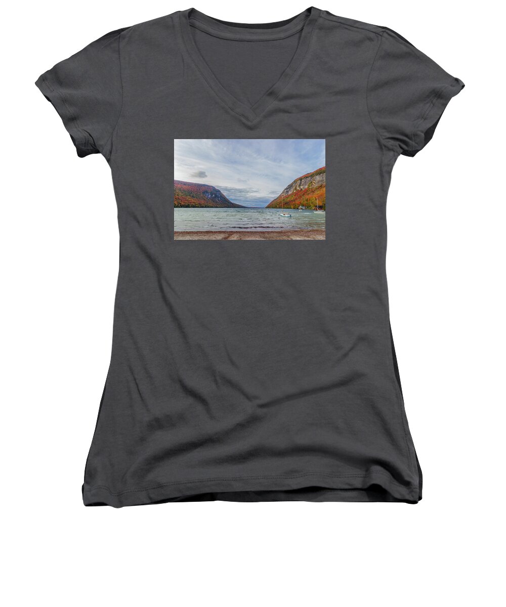 Vermont Women's V-Neck featuring the photograph Lake Willoughby Blustery Fall Day by Tim Kirchoff