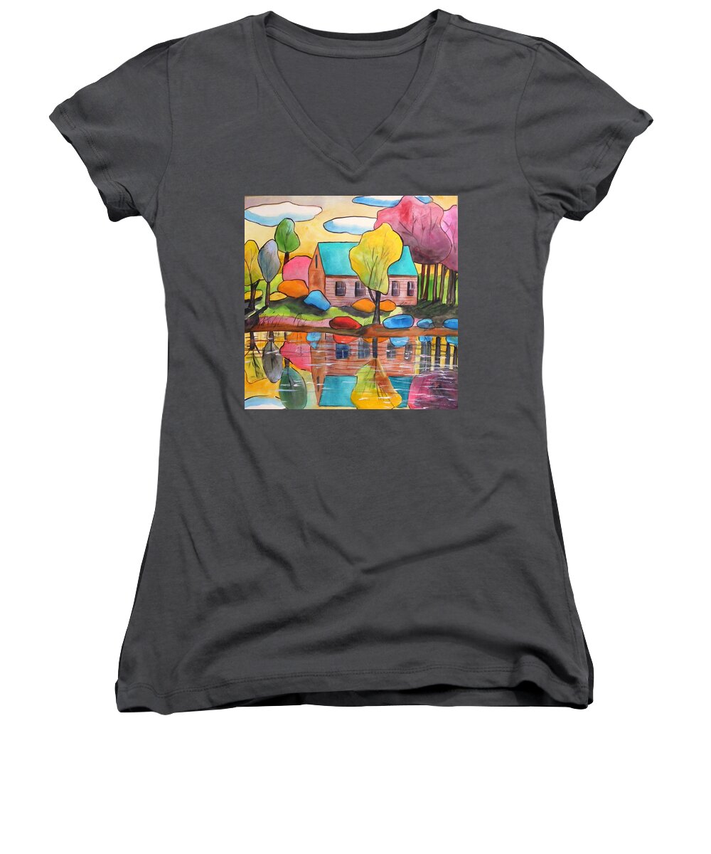 Landscape Women's V-Neck featuring the painting Lakeside Dream House by John Williams