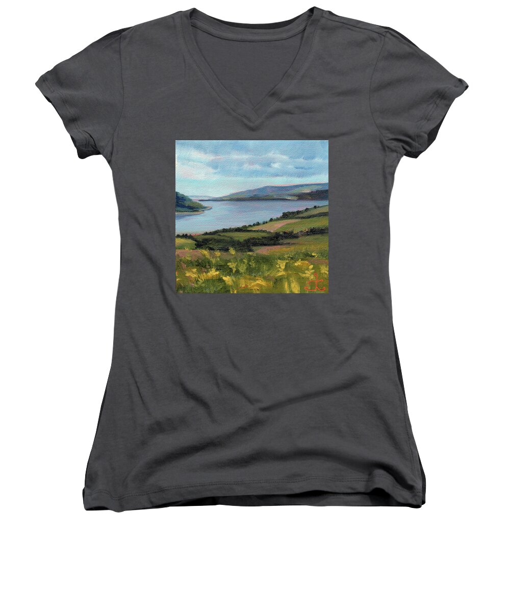Scotland Women's V-Neck featuring the painting Lamlash - Facing Holy Isle by Trina Teele