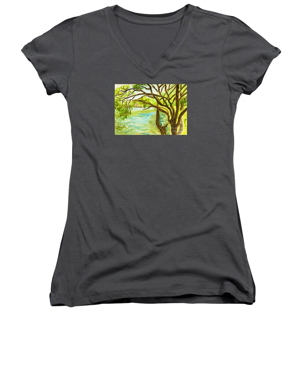 Art Women's V-Neck featuring the painting Landscape with willows and lake by Irina Afonskaya