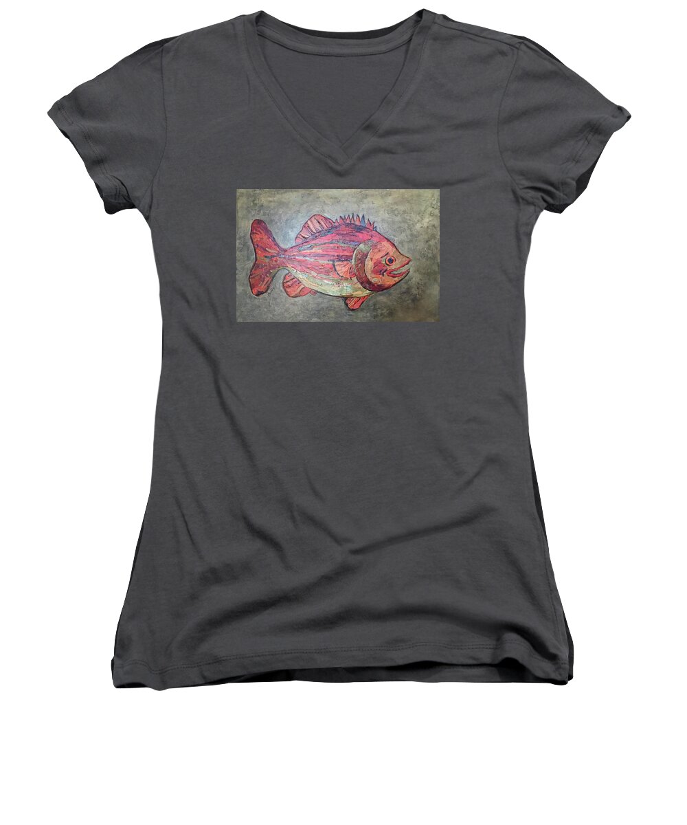 Fish Women's V-Neck featuring the painting Larry Loud Mouth by Phiddy Webb