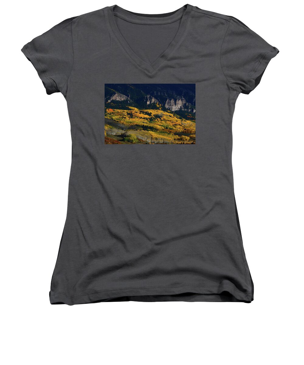 Silver Women's V-Neck featuring the photograph Late afternoon light on aspen groves at Silver Jack Colorado by Jetson Nguyen