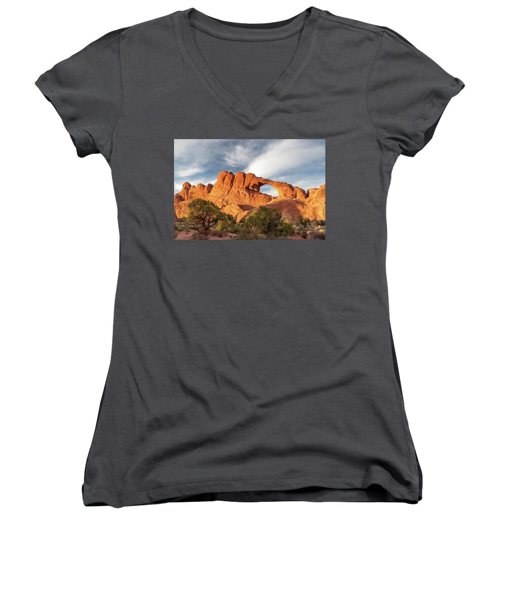Colorful Women's V-Neck featuring the photograph Late Afternoon Light on Skyline Arch by David Watkins
