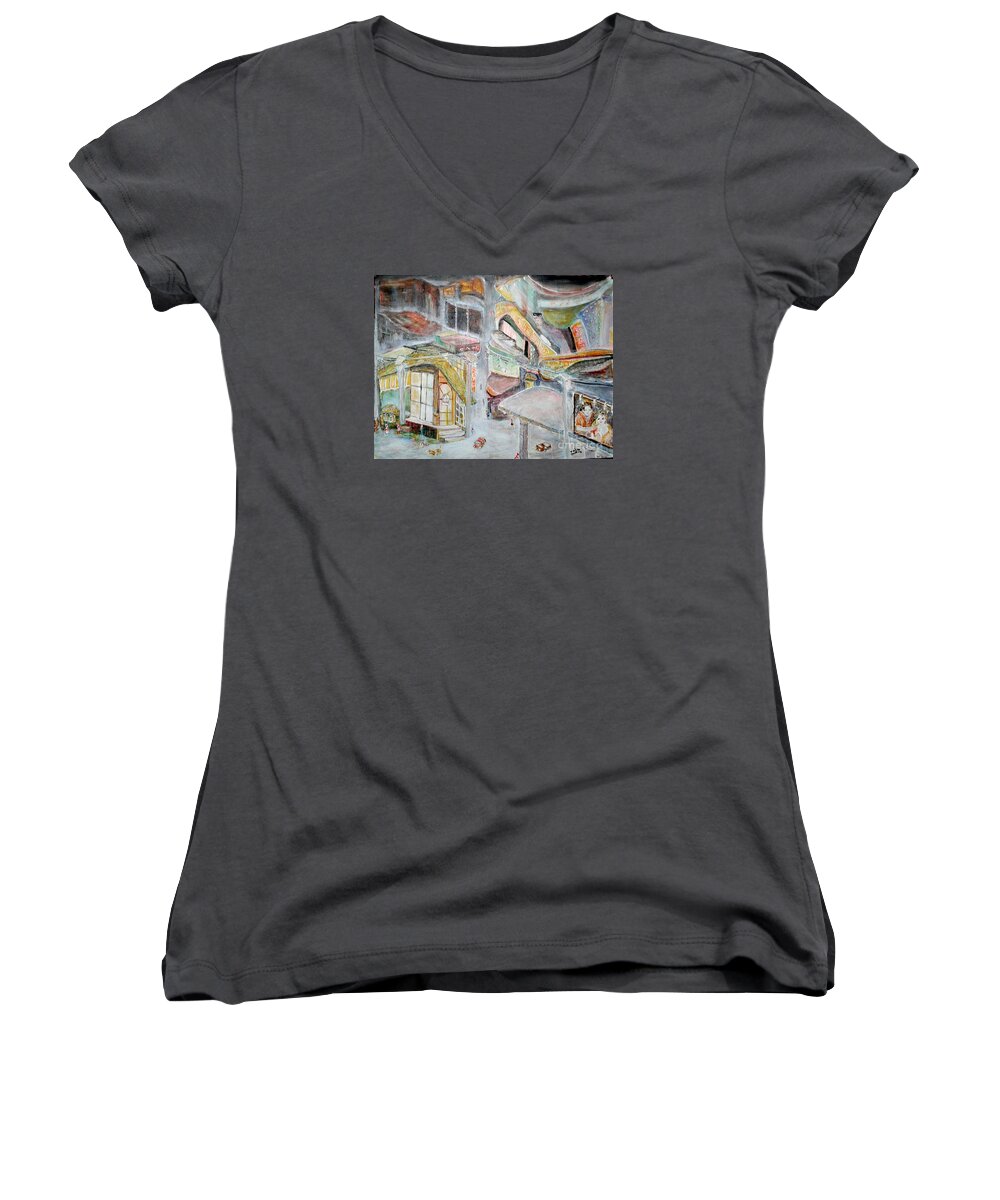 Abstract Women's V-Neck featuring the painting The Infamous City Corner At Midnight by Subrata Bose