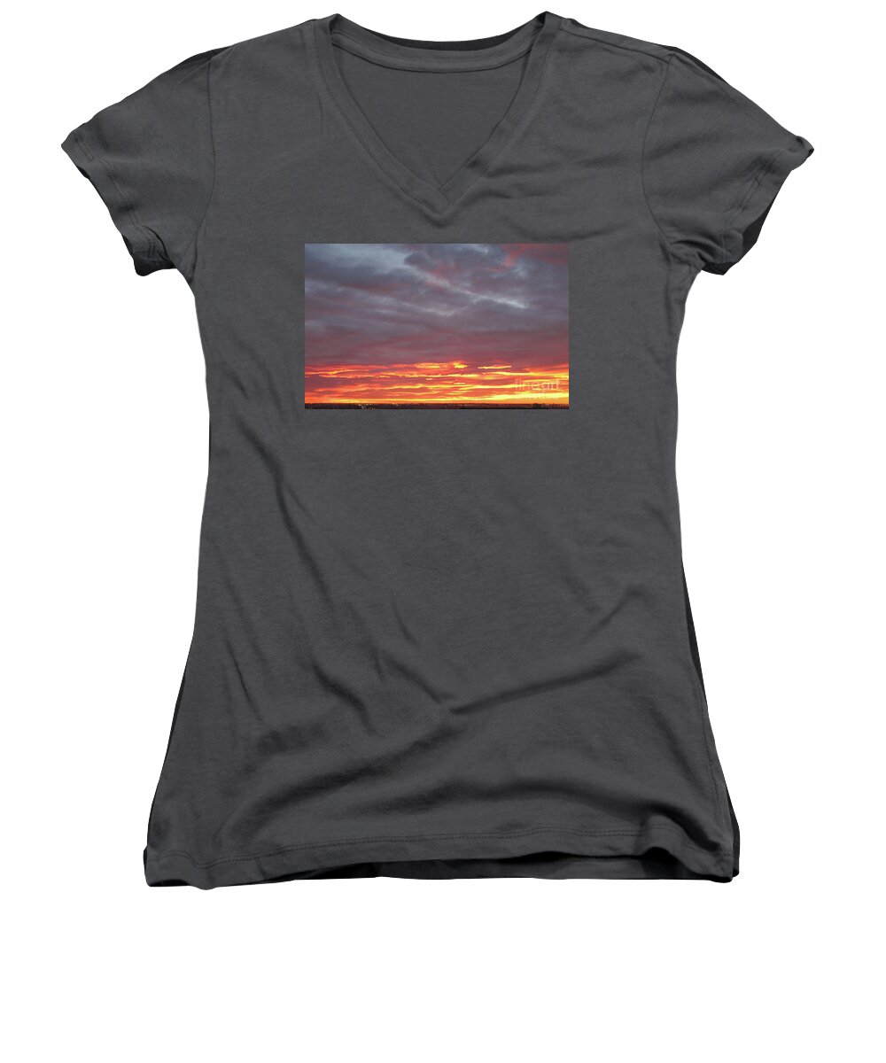 East Sunrise Women's V-Neck featuring the photograph Late Prairie Sunrise by Donna L Munro