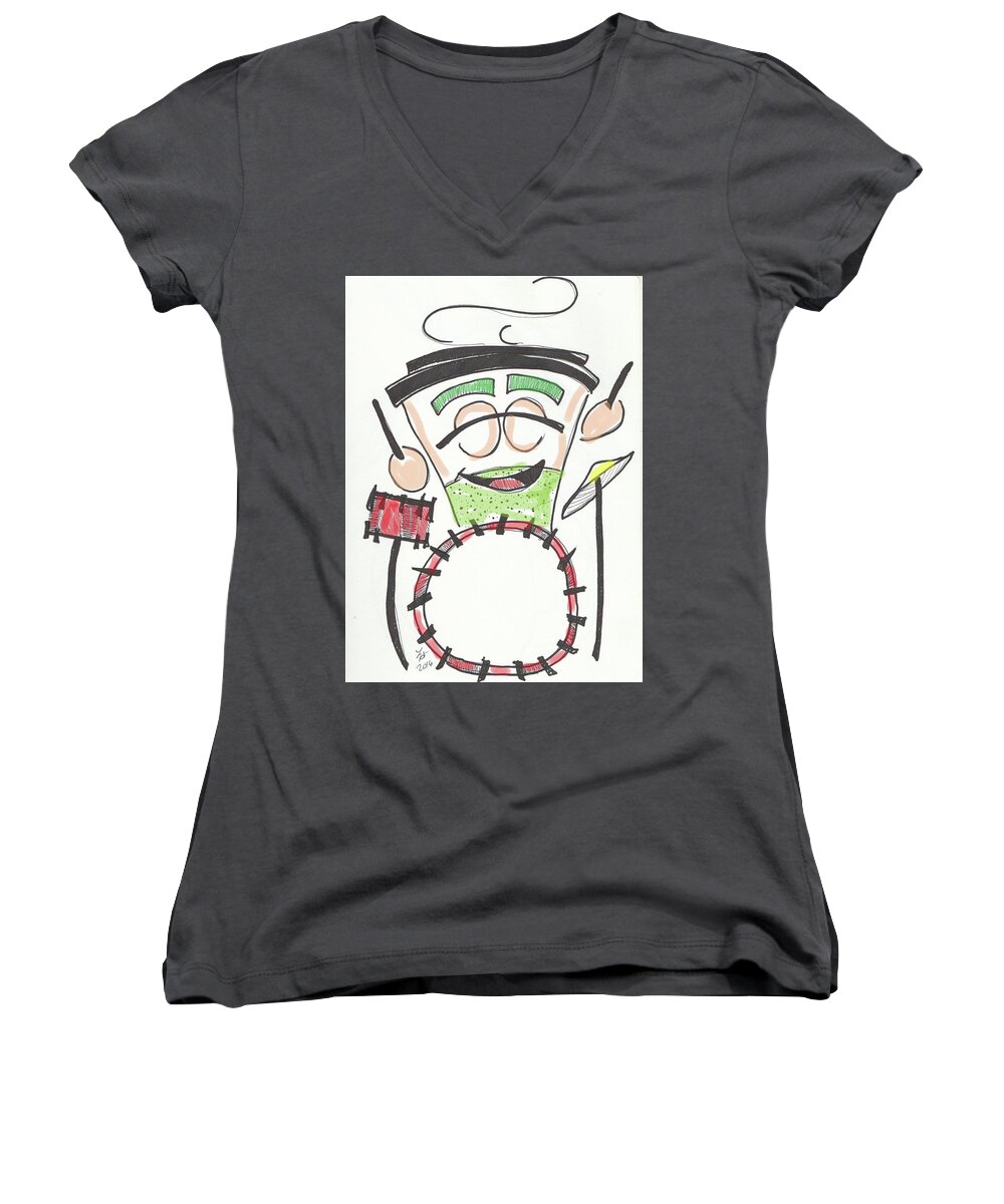 Latte Women's V-Neck featuring the painting Latte Drummer by Loretta Nash