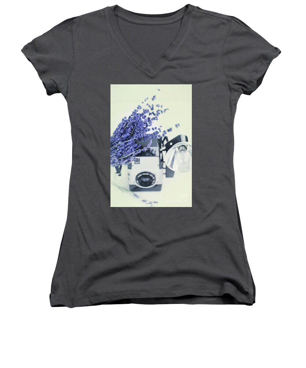 Lavender Women's V-Neck featuring the photograph Lavender and Kodak Brownie Camera by Stephanie Frey