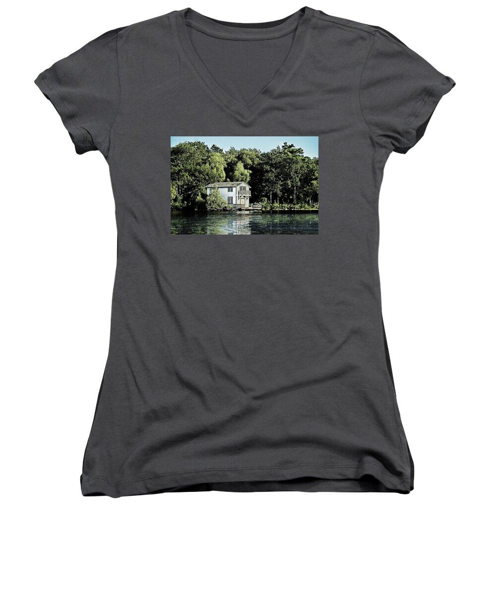 Orillia Women's V-Neck featuring the digital art Leacock Boathouse by JGracey Stinson