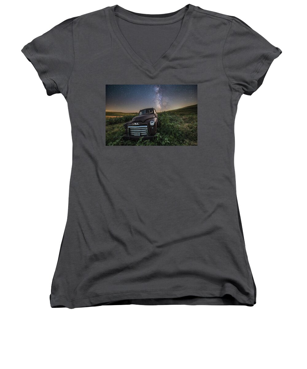 Usa Truck Top Pierre Abandoned Space Decay Rural Farm Forgotten Rust Astronomy Chrome Milky Way Women's V-Neck featuring the photograph Left to Rust by Aaron J Groen